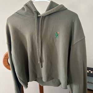 Olive Green Hoodie Sweater with Cactus Embroidery